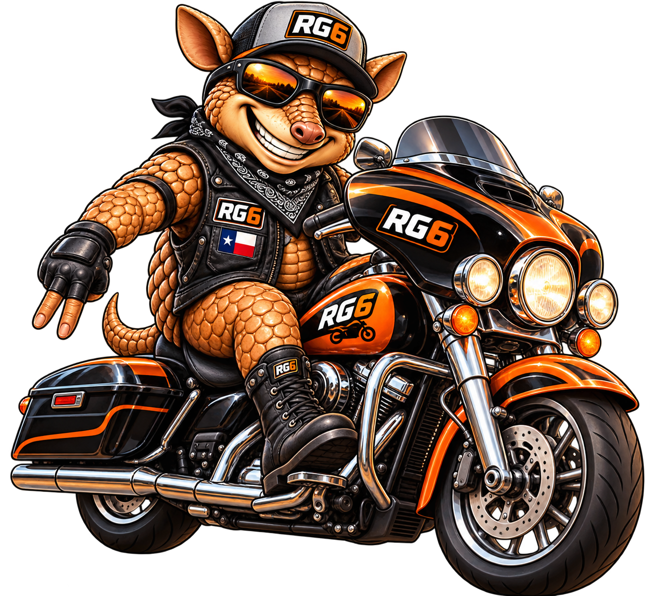 Sixer-Riders Guardian 6 Sixer the RG6 armadillo riding a motorcycle and giving the two-down greeting